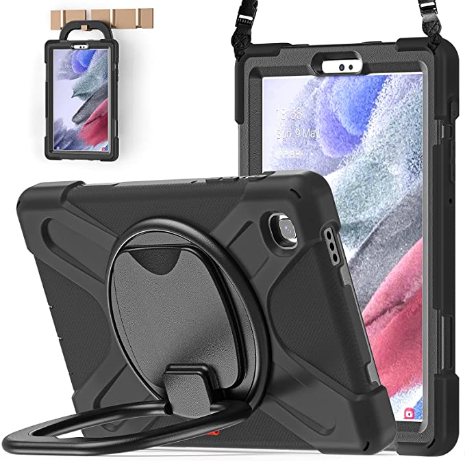 BATYUE Samsung Galaxy Tab A7 Lite Case; Galaxy Tab A7 Lite Case 8.7 inch 2021 Released( SM-T220/ SM-T225) Drop Protection Case for Kids with Pencil Holder, 360° Swivel Stand, Shoulder Strap (Black)