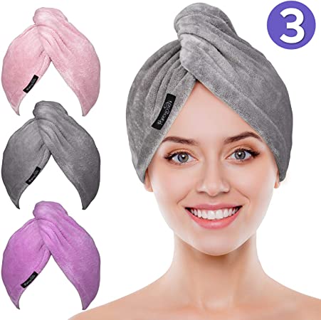 Microfiber Hair Towel Wrap POPCHOSE 3 Pack Ultra Absorbent, Fast Drying Hair Turban Soft, Anti Frizz Hair Wrap Towels for Women Wet Hair, Curly, Longer, Thicker Hair Gray, Pink, Purple