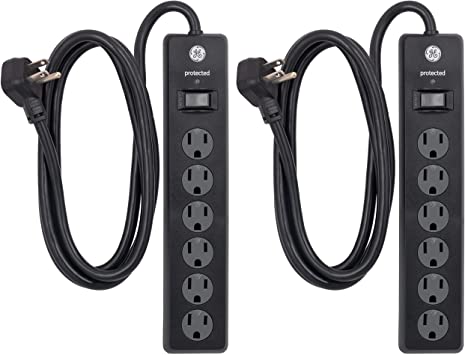 GE 6-Outlet Surge Protector, 2 Pack, 6 Ft Extension Cord, Power Strip, 800 Joules, Flat Plug, Twist-to-Close Safety Covers, Protected Indicator Light, UL Listed, Black, 54639