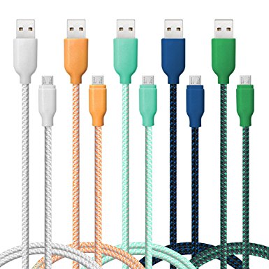 Micro USB Cable,5 Pack Ace Teah 3.3ft Reversible Micro USB Cable Braided Nylon USB 2.0 A to B Data Sync Quick Charge Charger Cord for Android Samsung S6 S7, HTC, LG (Sliver, Orange, Cyan, Blue, Green)