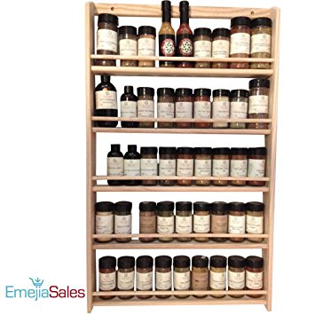 EmejiaSales Oak Spice Rack Wall Mount (5-Shelf Design), Hanging Natural Wood Organizer, Holds 45 Herb Jars – Kitchen Accessory for Seasonings