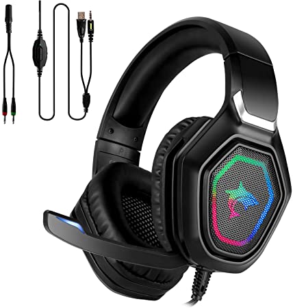Gaming Headset with Microphone, Sendowtek PS4 Headset with Noise Canceling Mic, RGB LED Light, 7.1 Surround Sound Gaming Headphones for PC, Mac, Laptop, Mobile, Xbox One