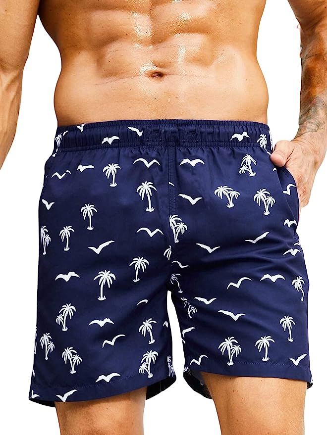 J B Fashion Men Boxer || Coconut Tree & Bird Print Drawstring Waist Swim Trunks || Men Shorts