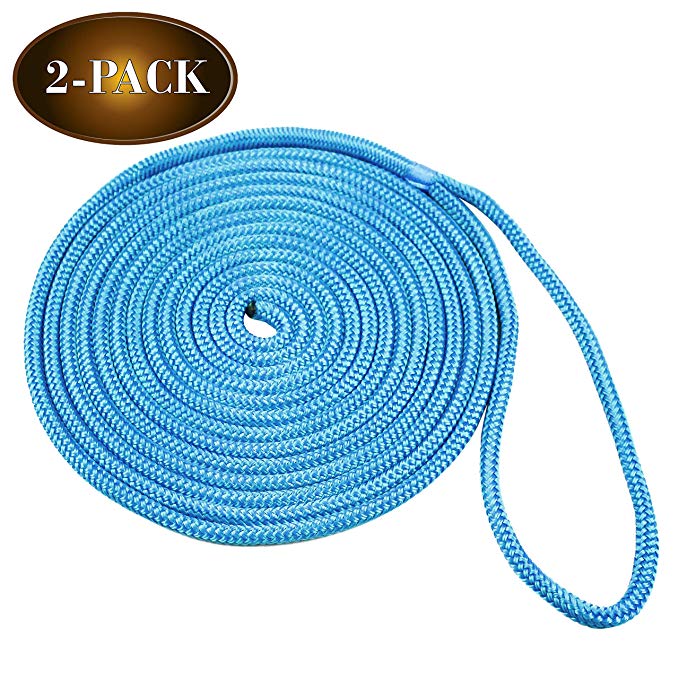 DC Cargo Mall 2 Marine-Grade Double-Braided Dock Lines | ⅜” X 20’ Double-Braided Nylon Dock Line with 12” Eyelet | Dock Line for Boats