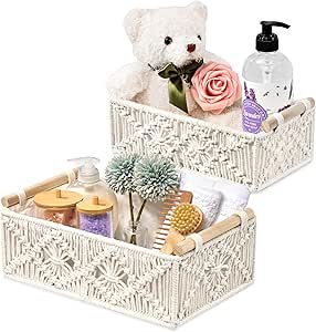 Sorbus Macrame Boho Decor Baskets - 2 Decorative Gift Baskets for Nursery, Baby Room, Toilet Tank Top - Lined Baby Basket Set for Organizing Changing Station, Linens, Clothes, Diapers, Toiletries