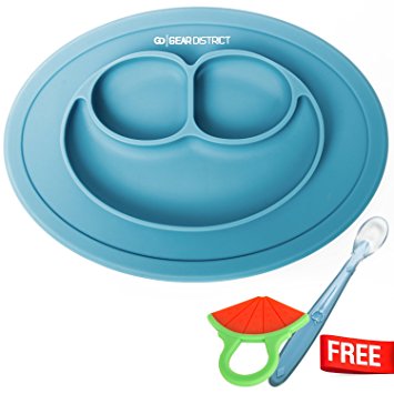Baby Silicone Placemat, Non-toxic, Hypo-allergenic, Table Suction, FDA Approved, BPA-free, Dishwasher safe with Silicone Spoon and Teething Toy (Blue)