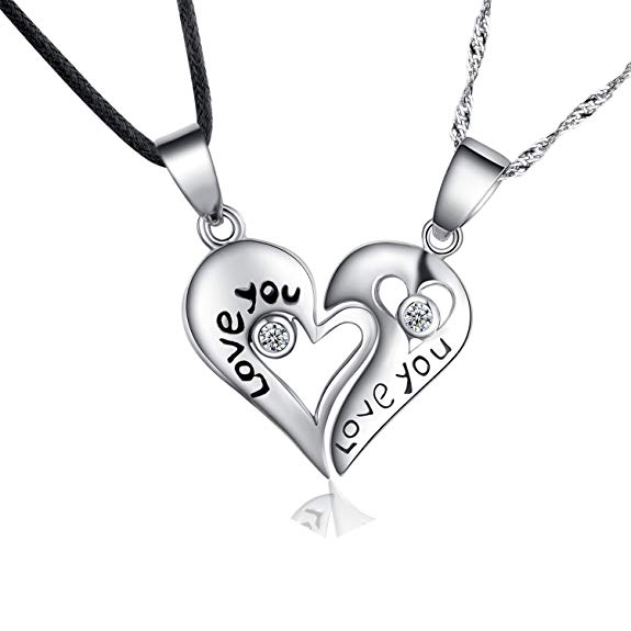 Sterling Silver Two Piece Heart "Love You" Couples Pendant Necklace Set, Cubic Zirconias Accented, Gift Boxed