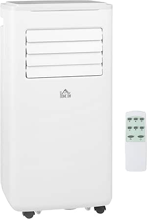 HOMCOM Aire Acondicionado Portátil 9000BTU 1010W Enfriador Ventilador Deshumidificador 38 L/Día con Pantalla LED Control Remoto Temporizador para Habitación de 20 m² 35,3x35x72,5 cm Blanco