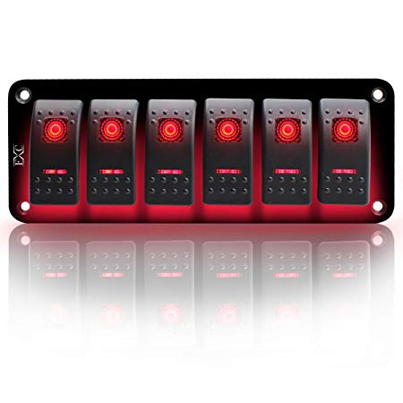 FXC Rocker Switch Aluminum Panel 6 Gang Toggle Switches Dash 5 Pin ON/OFF 2 LED Backlit for Boat Car Marine Red