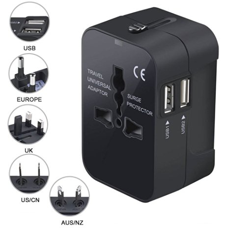 Iseason Travel Adapter,Universal All in One Worldwide Travel Power Plug Wall AC Adapter Charger with Dual USB Charging Ports for USA EU UK AUS.(Black)