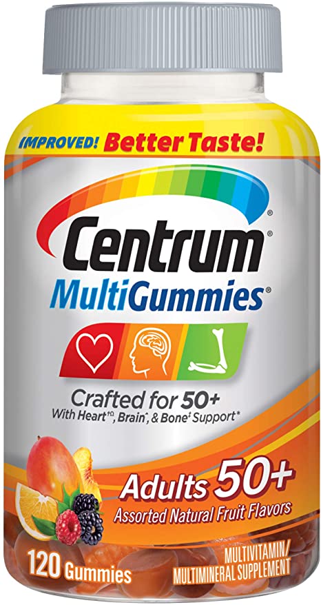 Centrum Multigummies Adults 50  (120 Count, Assorted Natural Fruit Flavors) Gluten-Free, B12, D, E, 120 Count