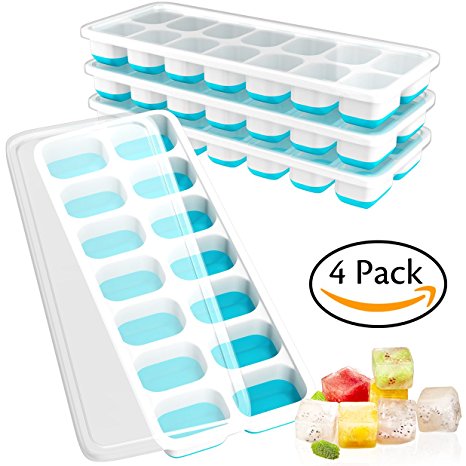 Ouddy 4 Pack Ice Cube trays with Lid, Silicone Ice Cube Molds, 14-Ice Trays Can Make 56 Ice Cubes, BPA Free Nontoxic and Safe, Stackable Durable ( Blue )