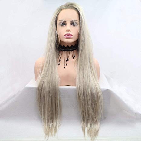 Lucyhairwig High Temperature Natural Hairline Ombre Blonde Synthetic Lace Front Wigs Women Silky Straight Wig Dark Roots Long Handmade Synthetic Holiday Hair Replacement Drag Queen