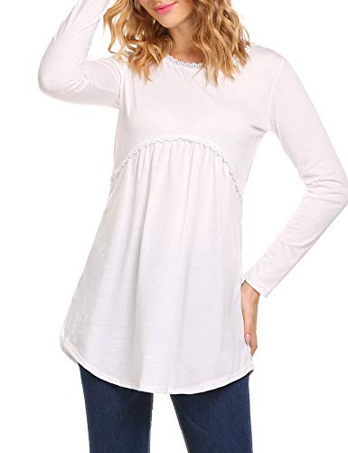 EASTHER Women's Long Sleeve Long T-Shirt Lace Decor Tunic Tee Solid Loose Tops