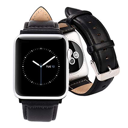 Jisoncase Compatible with Apple Watch Bands Leather iWatch Bands for 40mm and 38mm Apple Watch Series 5/4/3/2/1, Black (Metal Clasp/Adapters)