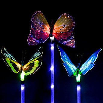 BONAOK Outdoor Garden Solar Light,3 Pack Solar Multi-color Stake Light Changing LED Garden Lights with a Purple LED Light Stake,Fiber Optic Butterfly Decorative Lights