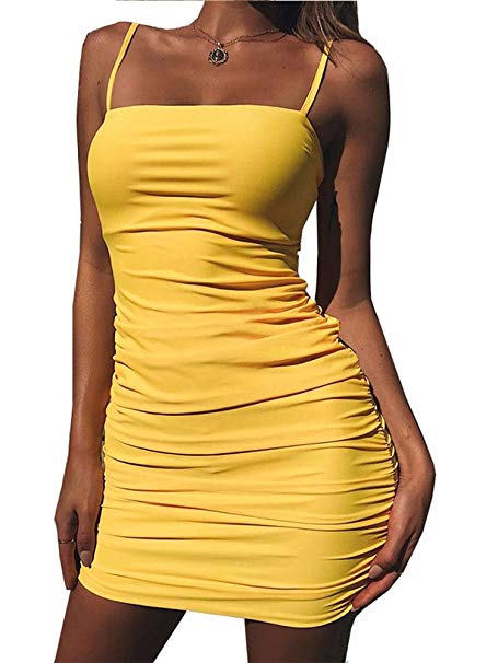 Kaximil Women's Sexy Strap Balckless Sleeveless Ruched Mini Bodycon Club Dresses