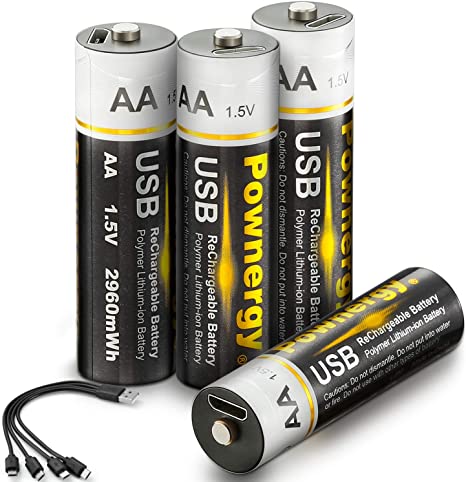 Rechargeable AA Batteries 4 PCS Rechargeable AA Lithium Batteries,2 H USB Fast Charging,Constant Output 1.5V,2960mWh,1000 Cycles Lifespan Lithium AA Batteries