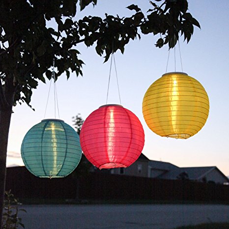 3 Solar Hanging Nylon Lanterns, Tropic Pink, Blue, and Yellow, 12", Triple LEDs, Auto Timer, Water Resistant, Rechargeable Batteries Included