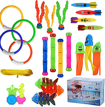 ARANEE 28PCS Diving Toys Swimming Pool Toy Set Underwater Diving kits, Diving Rings, Stringy Octopus and Diving Fish with Under Water Treasures Diving Game Training Gift for Kids Boys Girls