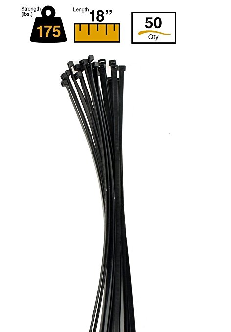 BuyCableTies 18-48 Heavy Duty Indoor/Outdoor Cable Ties - 175 lb Rated - Black or Natural - UV Resistant - 50-100 per bag (18" - 50 pack, Black)
