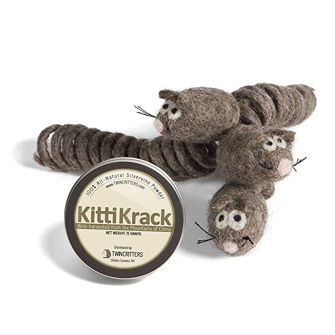 KittiChase: Organic Silver Vine Catnip Cat Chase Mouse Toy Spring Tail Cats & Kittens | 100%, All-Natural Wool Mice | Includes Silvervine Powder (15 Grams) | No Artificial Ingredients