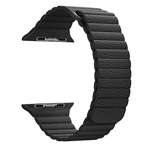Apple Watch Band Series1 Series2 - FanTEK Soft Leather Loop Magnet Lock Replacement iWatch Strap for Apple Wrist Smart Watch 2015 & 2016 42mm Models (Black)