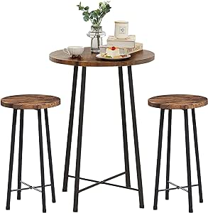 VECELO Small Bar Table and Chairs, Round Bistro Sets with 2 barstools, 3-Piece Pub Dining Furniture, Counter Height Wood Top for Breakfast Dinner Coffee Nap Conference, Easy Assembly, Brown