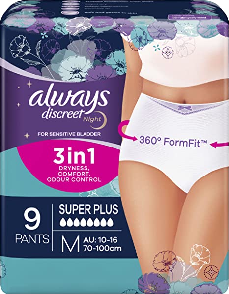 Always Discreet Night Super Plus Underwear 9 Medium Pants For Bladder Leaks and Adult Incontinence 8 drops