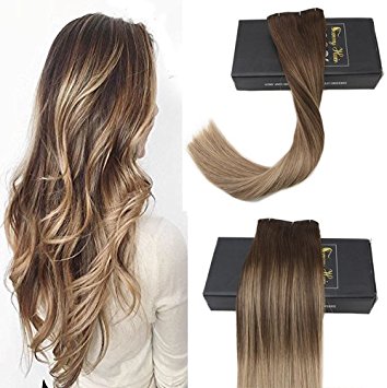 Sunny 16inch Remy Clip in Extensions 7 Pieces Dark Brown #4 Mixed with Lightest Brown #10 with Dark Honey Blonde #16 Slik Straight Hair Extensions Balayage Clip in Human Hair 120g/Set
