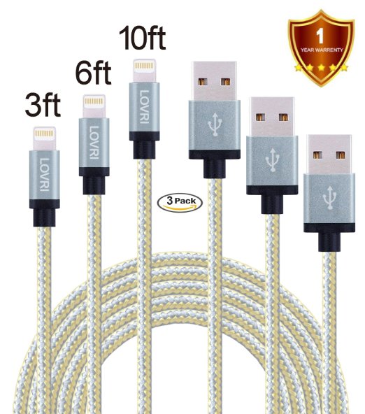 LOVRI 3Pack 3FT 6FT 10FT Apple Lightning Nylon Braided Charging Cord 8 Pin USB cords for iPhone 6s 6 Plus 5s 5c 5, iPad Pro, Air 2, iPad mini , iPod touch 5th gen / 6th gen / nano 7th gen [gray&gold]