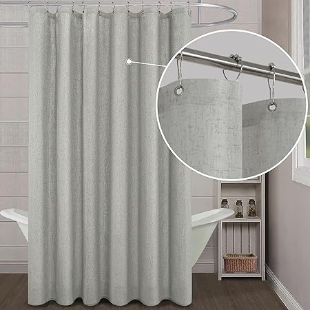 KOUFALL 96 Inch Grey Shower Curtain,Natural Linen Fabric Extra Long Oversized Shower Curtains for Bathroom with Hooks,72x96 Length