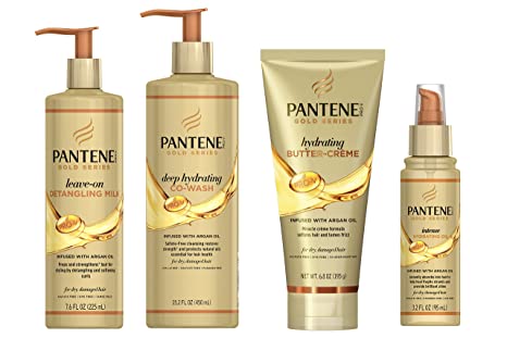 Pantene, Hair Oil, Co Wash, Detangling Milk, and Butter Cream Hair Treatment Kit, with Argan Oil, Sulfate Free, Pro-V Gold Series, for Natural and Curly Textured Hair