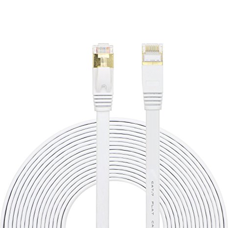Pasow Cat7 10 Gigabit Ultra Flat Ethernet Patch Cable Shielded Network Internet Cable RJ45 Connectors (150FT, White)