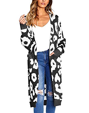 foveitaa Women's Long Sleeves Open Front Leopard Knit Cardigan Casual Sweater Outwear Coat with Pocket