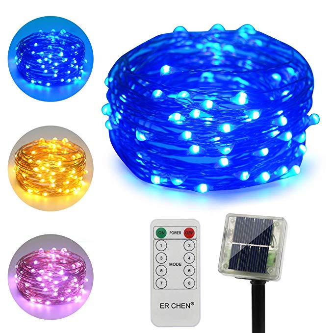 ErChen Dual-Color Solar Powered LED String Lights, 33FT 100 LEDs Remote Control Color Changing 8 Modes Copper Wire Decorative Fairy Lights for Outdoor Garden Patio (Warm White, Blue)