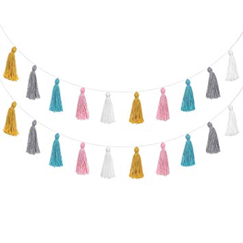 Mkono 2 Pack Cotton Tassel Garland Colored Tassels Banner Decorative Wall Hangings for Boho Home Decor, Birthday Mother Day Party, Baby Shower, Nursey Room