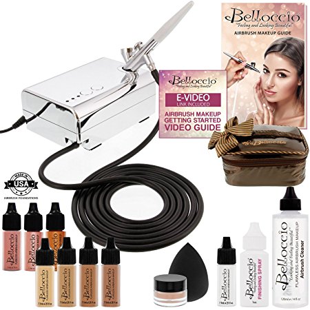 Belloccio Professional Beauty Airbrush Cosmetic Makeup System with 4 Tan Shades of Foundation in 1/4 Ounce Bottles - Kit Includes Blush, Bronzer and Highlighter and 3 Bonus Items and a Video Link