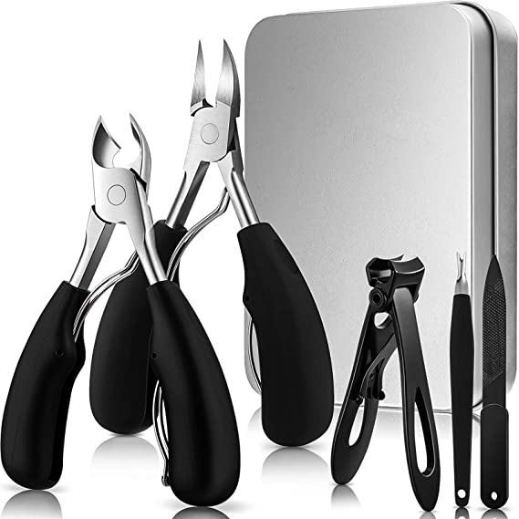 5 Pieces Nail Clipper Set Includes 2 Thick Toenail Clipper, Wide Jaw Nail Clipper, Cuticle Remover and Nail File, Toenail Manicure Tools for Men Seniors Thick Ingrown Nails (Black)