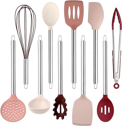 COOK WITH COLOR Silicone Cooking Utensils, 10 Pc Kitchen Utensil Set, Easy to Clean Silicone Kitchen Utensils, Cooking Utensils for Nonstick Cookware, Kitchen Gadgets Set (Rose)