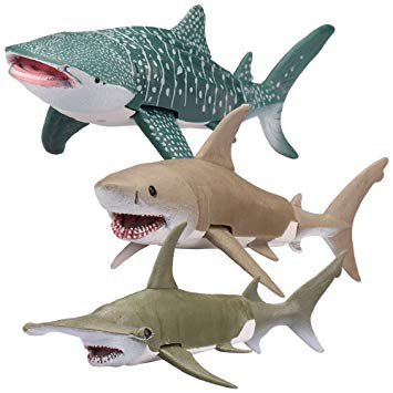 Kid Galaxy Posable Toys. Great White, Hammerhead, Whale Shark Figures Ocean Animal Toy Playset (3 Piece), Grey
