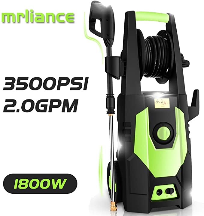 mrliance 3500PSI Electric Pressure Washer 2.0GPM Power Washer 1800W High Pressure Washer Cleaner Machine with Spray Gun, Hose Reel, Brush, and 4 Adjustable Nozzle (Green)