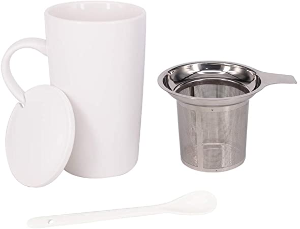 BPFY 16oz Ceramic Tea Mug with Infuser Ceramic Coffee Mug with Lid and Spoon Tea Cup for Cocoa, Loose Leaf Tea, Milk, Modern Mug (White)