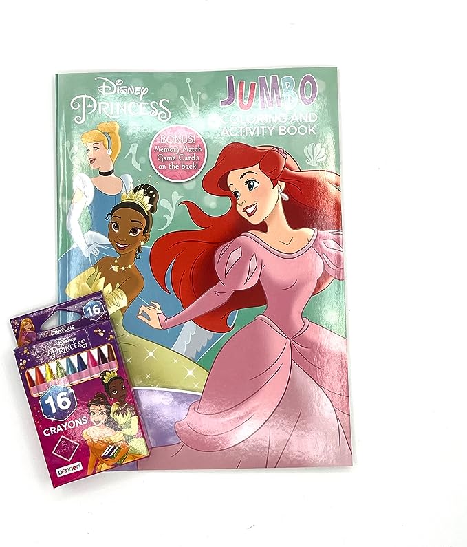 Disney Princess Coloring Book and Activity - Little Mermaid Ariel - Cinderella - 16 Colors Crayons - Jumbo 64 Pages - Bonus Memory Match Game Card