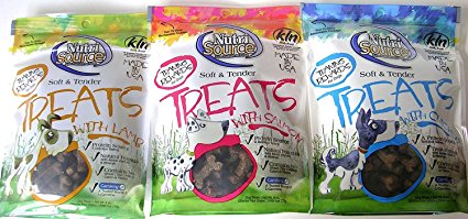 Nutri Source Soft & Tender Natural Formula With Added Vitamins & Minerals Dog Treat 3 Flavor Variety Bundle: (1) Nutrisource Lamb Dog Treats, (1) Nutrisource Salmon Dog Treats, and (1) Nutrisource Chicken Dog Treats, 6 Oz. Ea. (3 Bags Total)