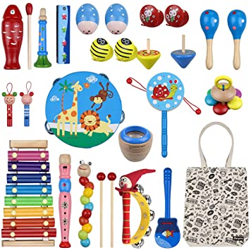 Anpro 27pcs Musical Instruments for Toddlers, Wooden Percussion Instruments Toy Set with Canvas Bag, Best Gift for Children Over 3 Years Old