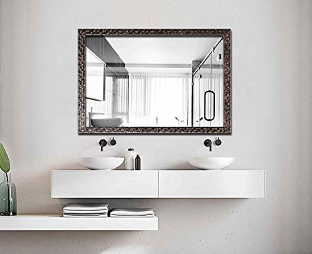 Hans & Alice Large Rectangular Bathroom Mirror, Wall-Mounted Wooden Frame Vanity Mirror (32"x24" Gray-Black)