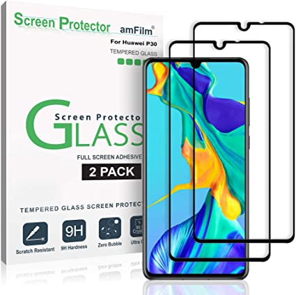 amFilm Screen Protector for Huawei P30 (2 Pack), Full Cover (Case Friendly) Tempered Glass Film Screen Protector for Huawei P30 (Black)