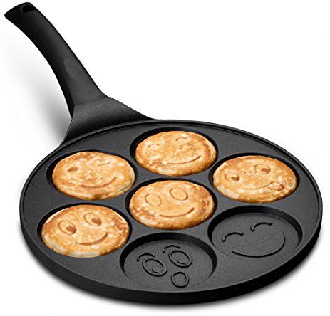 Gourmia GPA9540 Smiley Face Pancake Pan – Fun 7 Emoji Mini Pancake and Flapjack Maker – Die Cast Aluminum, Double Layer Nonstick Coating – Cool-to-Touch Handle (7 Mold Emoji Disgen, Standard)