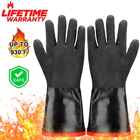 BBQ Gloves - Double Layer Heat Resistant Gloves For Handling Hot Food on Fryer, Grill, Smoker or Oven , Grill Gloves Fire Resistant for Cooking, Waterproof and Oil Resistant BBQ Mitts ( 14 inch )